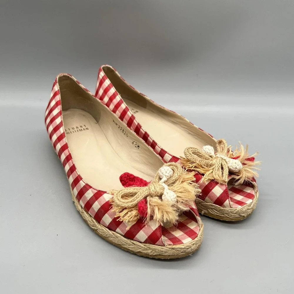 Stuart Weitzman Shoes Womens 6.5 Red Gingham Cotton Espadrille Flats Bow Vtg